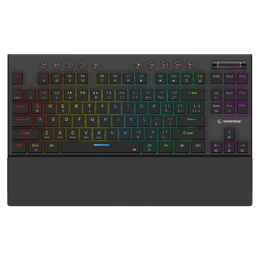 Rampage Beru Siyah 2.4Ghz Ve Bluetooth Kablosuz Rgb Lighting Red Mekanik Switch Abs Case 1000mAh Bataryalı Gaming Klavye
