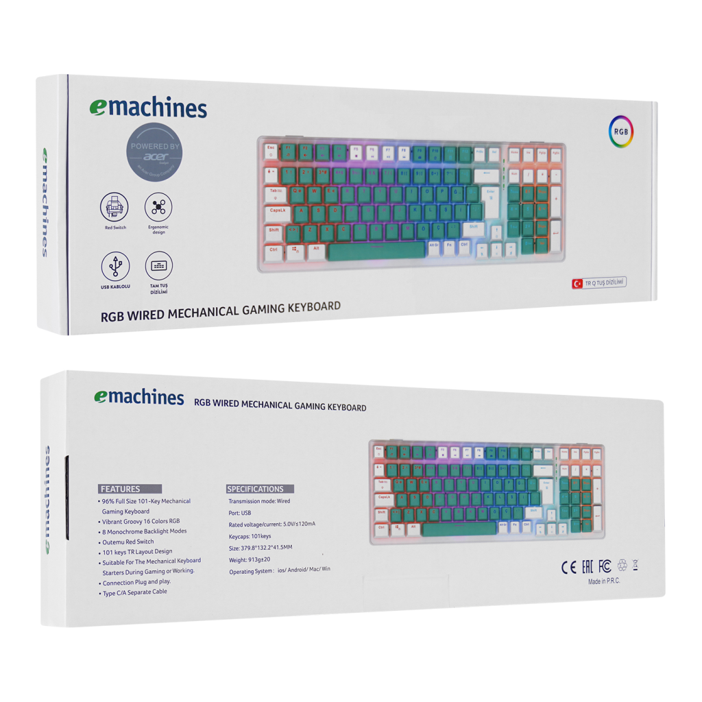 Acer Emachines EAK100 Yeşil/Beyaz Usb Kablolu Rgb Backlight Red Mekanik Switch Türkçe Q 100 Tuşlu Gaming Klavye