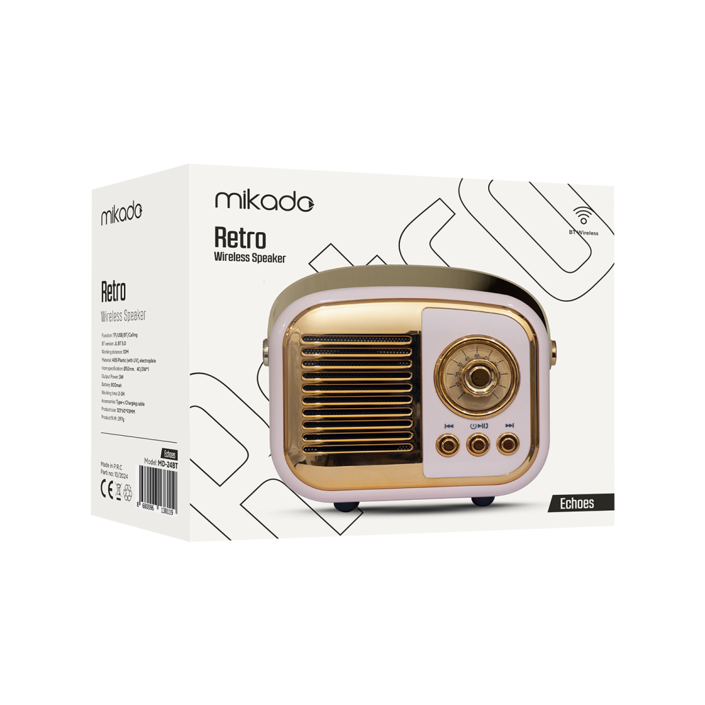 Mikado MD-24BT Echoes Pembe 3W Taşınabilir USB/TF Kart/Bluetooth 800mAh Klasik Retro Müzik Kutusu