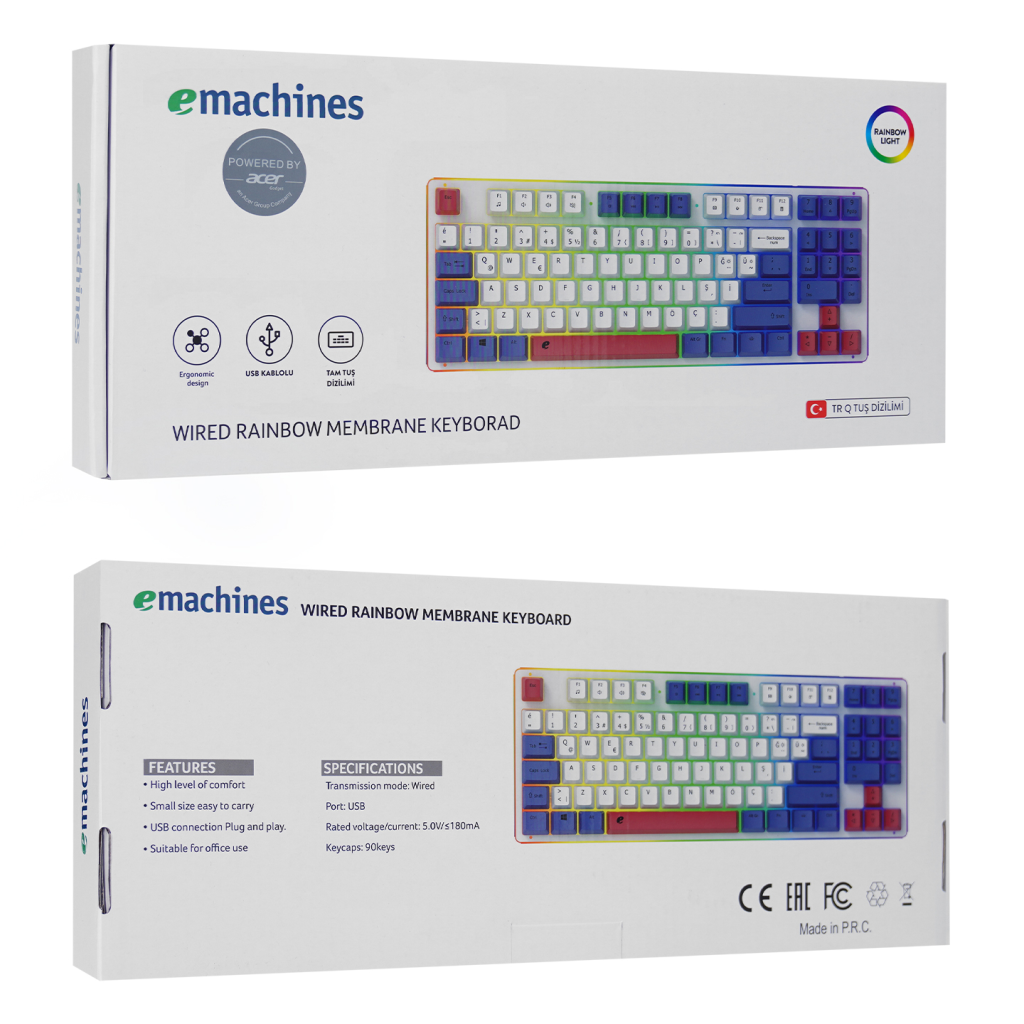 Acer Emachines EAK216 Beyaz Usb Kablolu Rainbow Backlight Membran Renkli Tuşlar Türkçe Q 90 Tuşlu Gaming Klavye