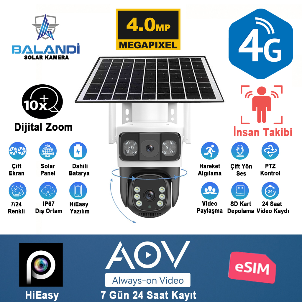 Balandı PRO-8200GIP 4MP 2 Kameralı 4G Aov Esım Solar Kamera Hıeasy Yazılım