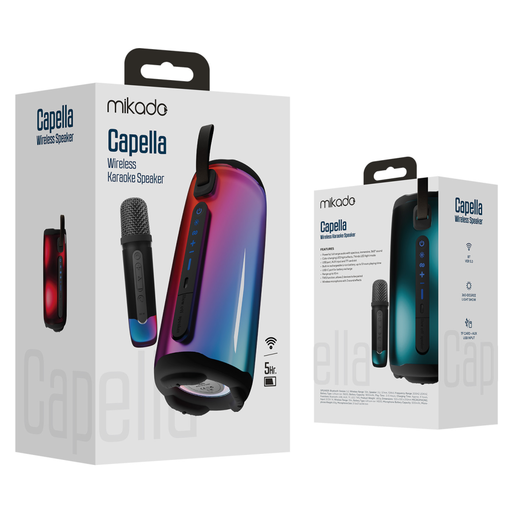 Mikado MD-17BT Capella 10W Taşınabilir USB/AUX/BT/TF Rgb Işıklı Transparan 1800mAh Mikrofon Karaoke Bluetooth Speaker,