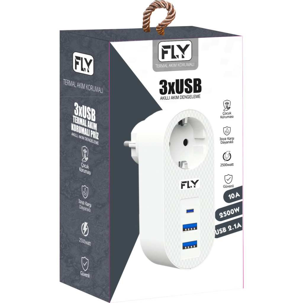 Fly 3400-01 1 Soket 2 Usb 1 Type-C Akım Korumalı Priz 2.1A (beyaz)