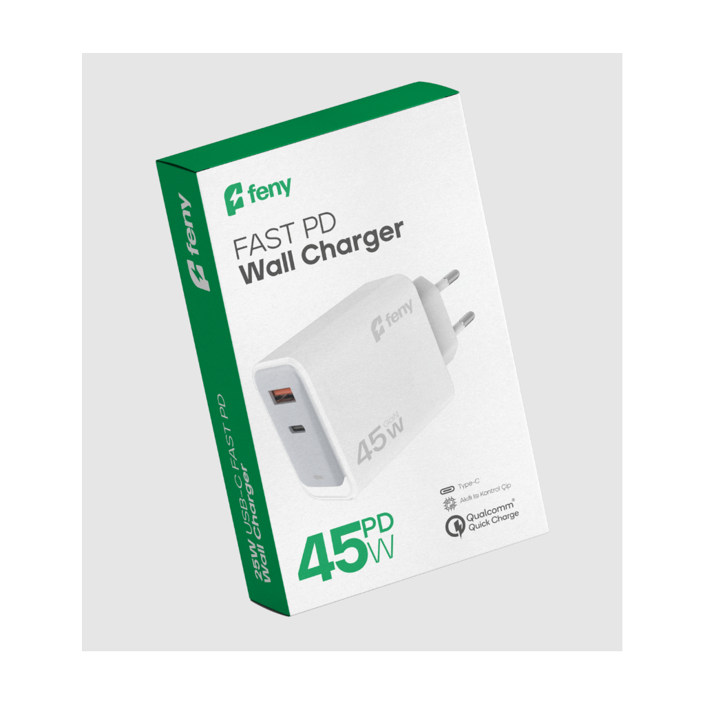Feny FN-C45 45W USB+Type-C Akıllı Isı Kontrol Chip Qualcomm Quick Charge 3.0 Şarj Adaptörü