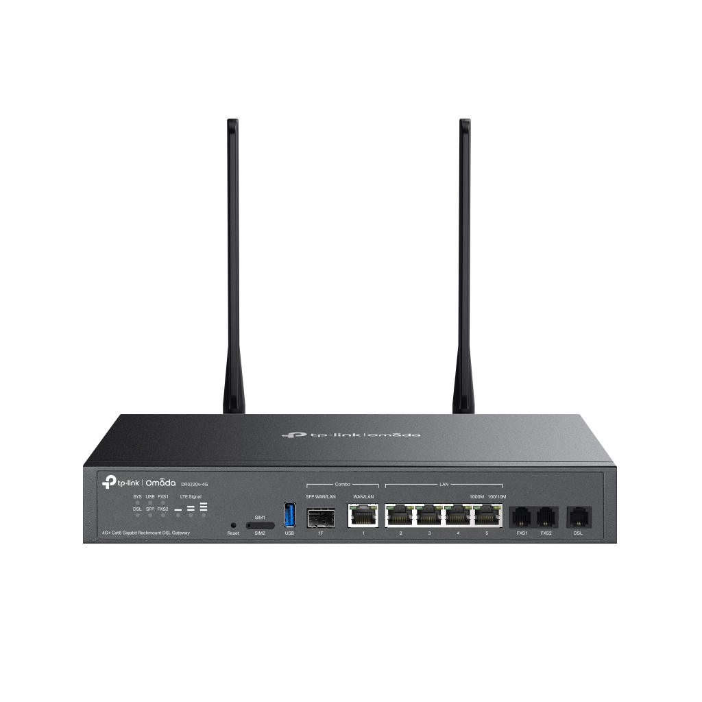 Omada DR3220v-4G 4 Port 4G+Cat6 2,4Ghz 1 Combo Sfp Port 2 Fxs Port Sim Yuvalı Gigabit Rackmount Dsl Gateway