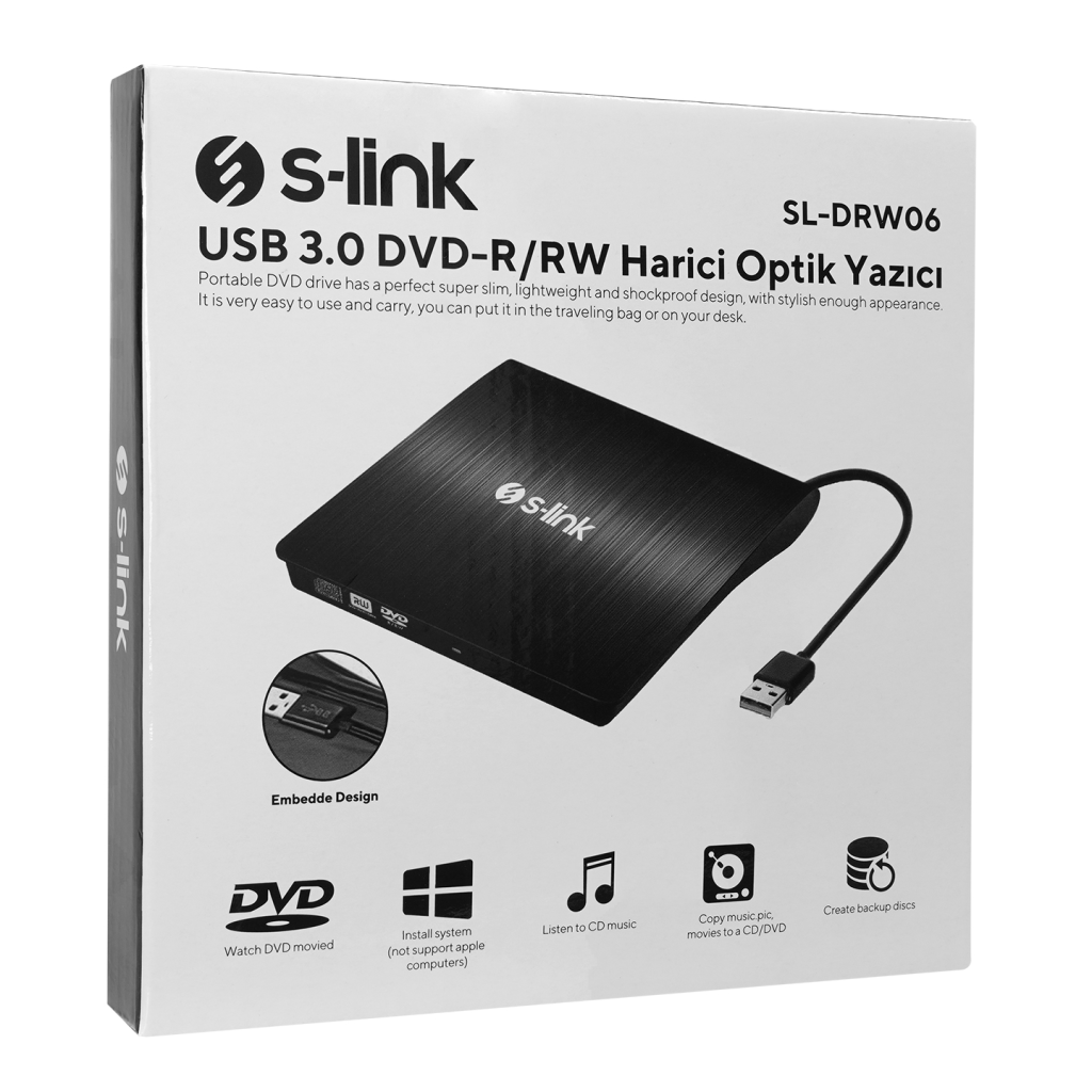 S-Link SL-DRW06 Usb 3.0 External Siyah Slim CD-R/DVD-R/RW Optik Okuyucu/Yazıcı.