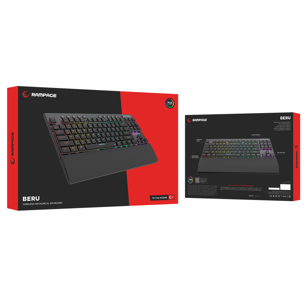 Rampage Beru Siyah 2.4Ghz Ve Bluetooth Kablosuz Rgb Lighting Red Mekanik Switch Abs Case 1000mAh Bataryalı Gaming Klavye