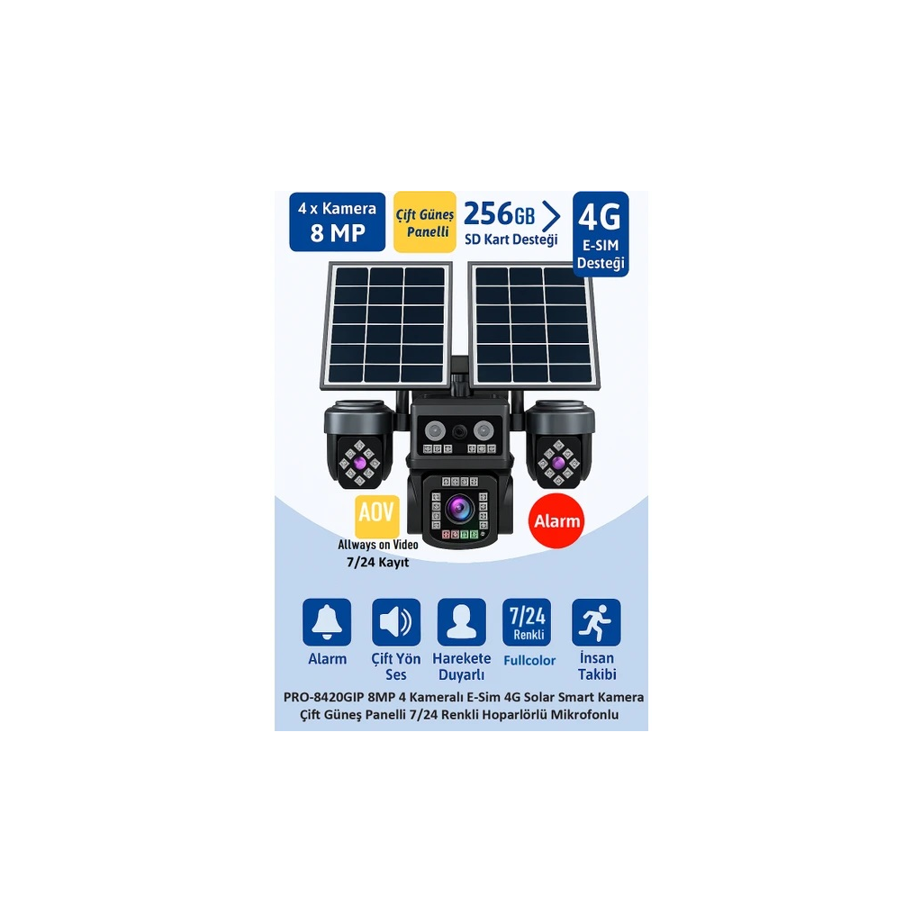 Balandı PRO-8420GIP 8MP 4 Kameralı 4G Aov Esım Solar Kamera Hıeasy Yazılım