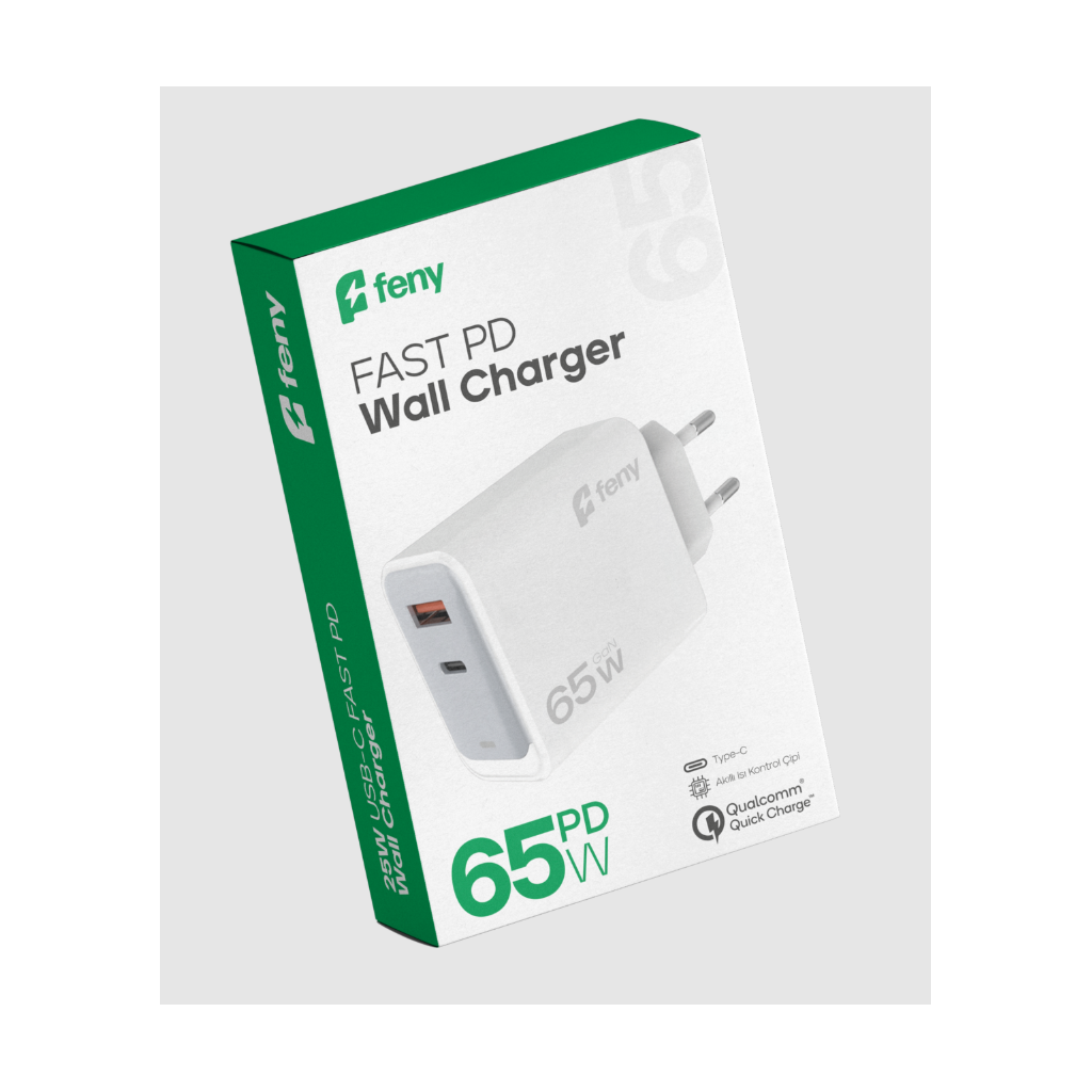 Feny FN-C65 65W USB+Type-C Akıllı Isı Kontrol Chip Qualcomm Quick Charge 3.0 Şarj Adaptörü