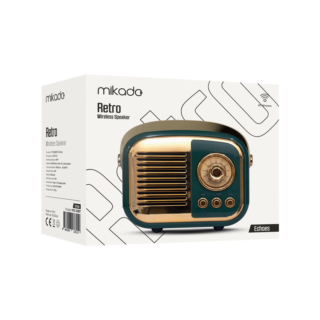 Mikado MD-24BT Echoes Yeşil 3W Taşınabilir USB/TF Kart/Bluetooth 800mAh Klasik Retro Müzik Kutusu