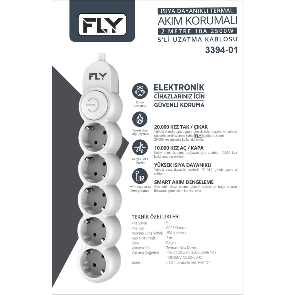 Fly 3394-01 5 Soket Akım Korumalı Priz 2.1A Anahtarlı 2Mt Kablo (beyaz)