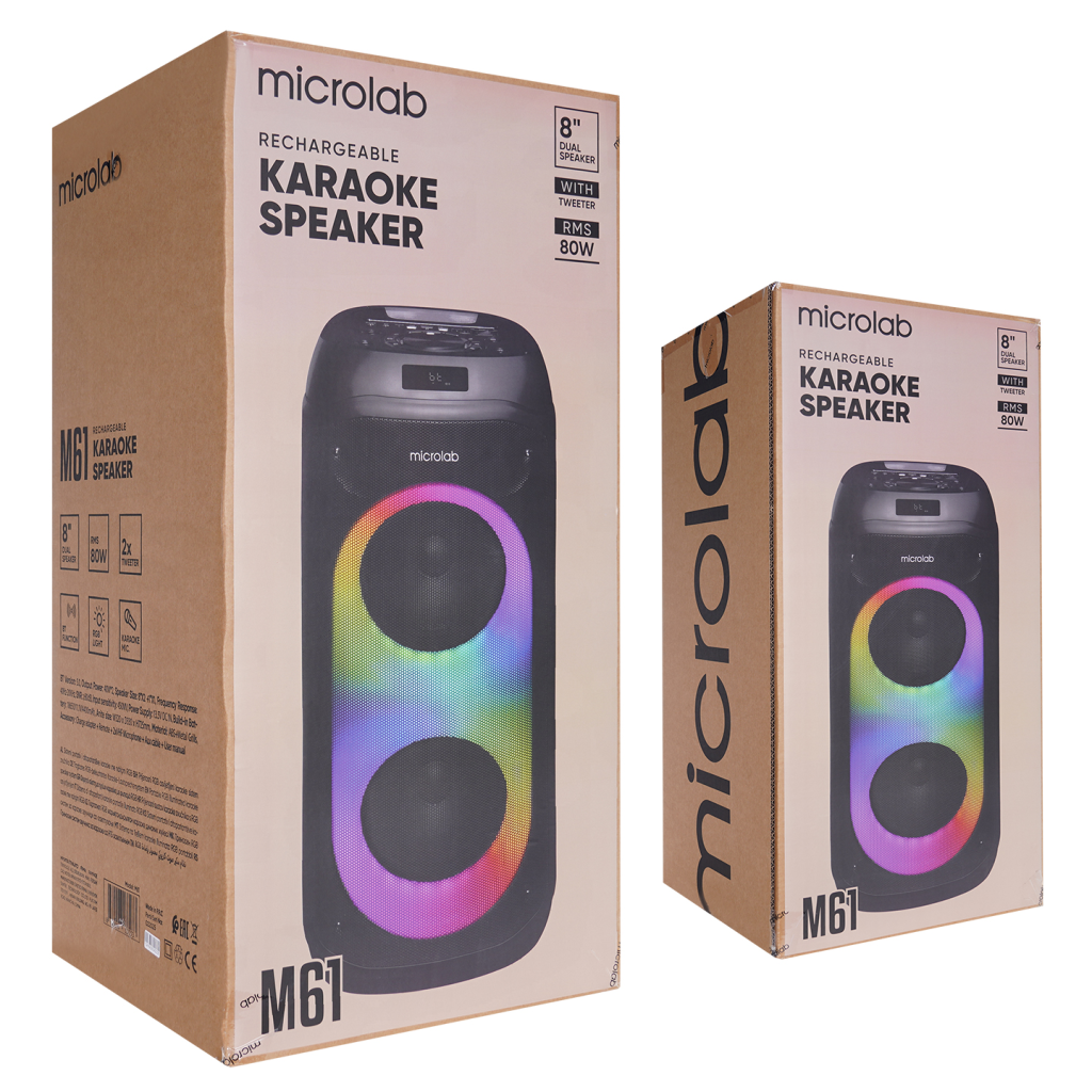 Mıcrolab M61 80W Taşınabilir BT/USB/AUX/TF/TWS Rgb Işıklı 2400mAh Batarya 2adet Vhf Mikrofon Karaoke/Parti Bluetooth Speaker,