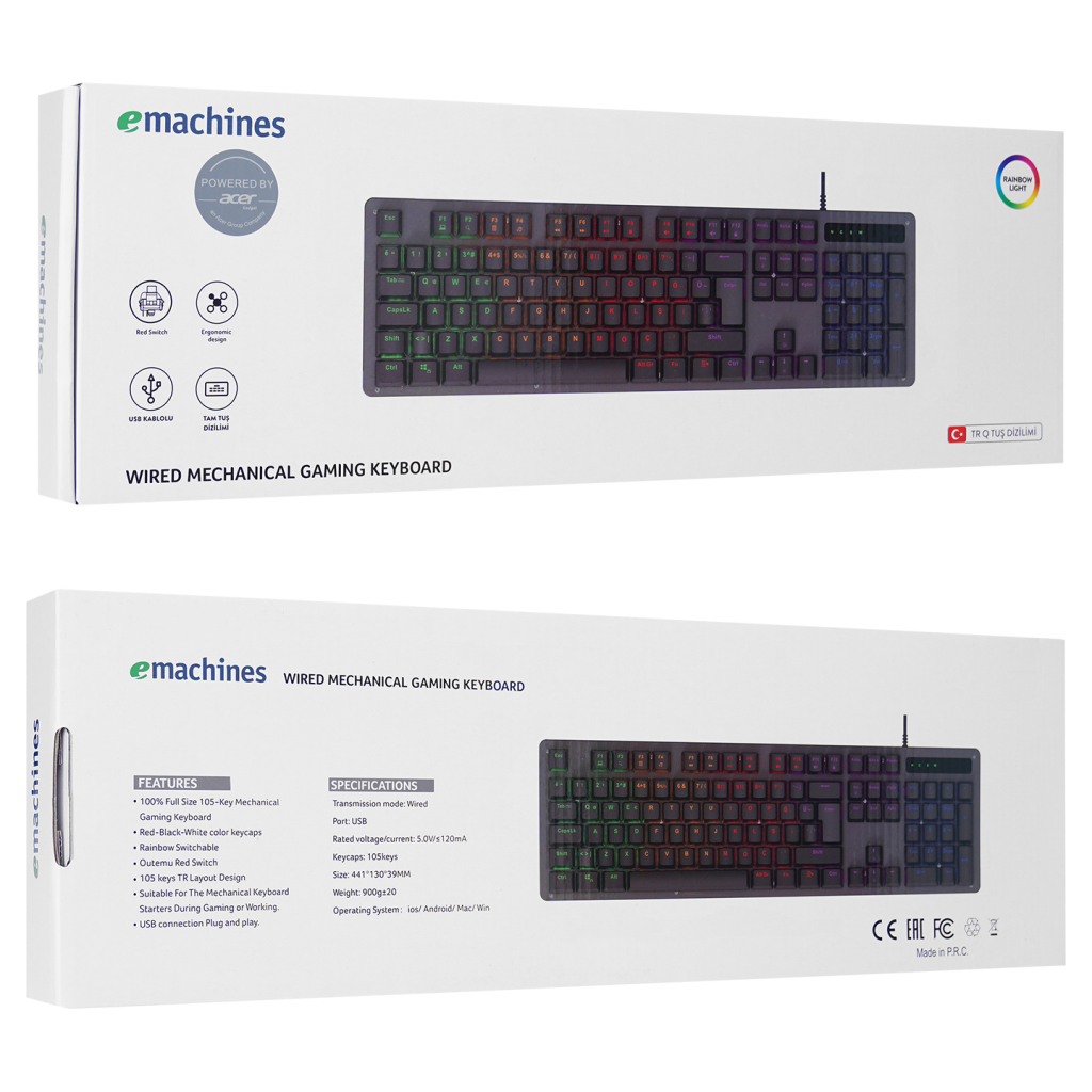 Acer Emachines EAK104 Siyah Usb Kablolu Rgb Backlight Red Mekanik Switch Türkçe Q 104 Tuşlu Gaming Klavye